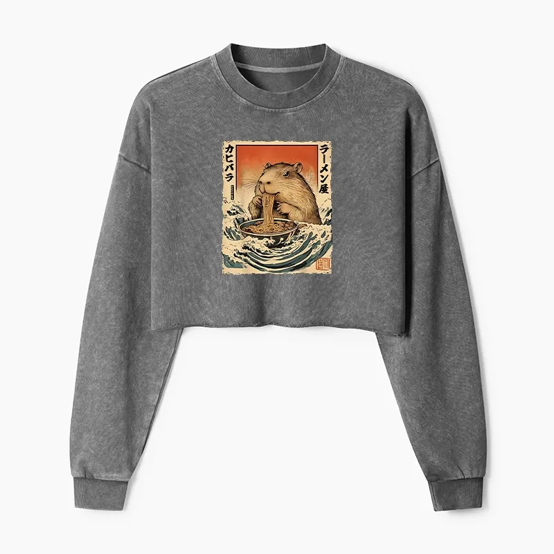 Tokyo-Tiger Hamster Eating Ramen Washed Crop Sweatshirt