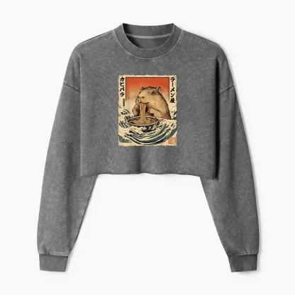 Tokyo-Tiger Hamster Eating Ramen Washed Crop Sweatshirt
