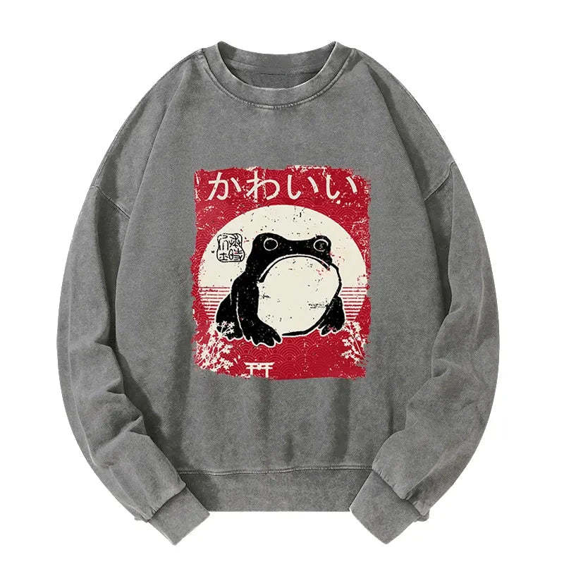 Tokyo-Tiger Woodblock Print Grumpy Frog Washed Sweatshirt