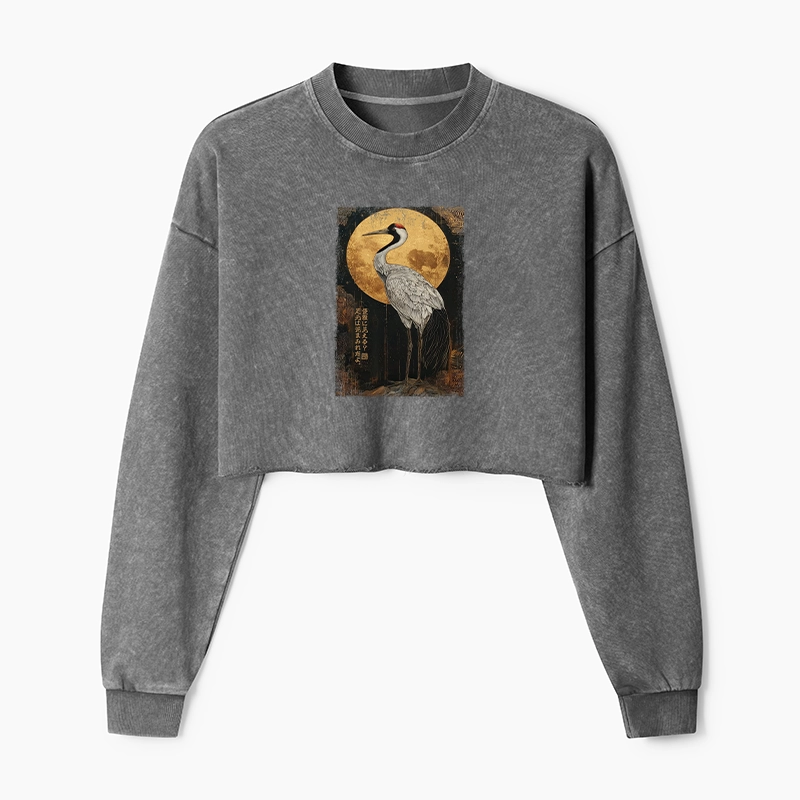 Tokyo-Tiger Vintage Japanese Crane Kanji Washed Crop Sweatshirt