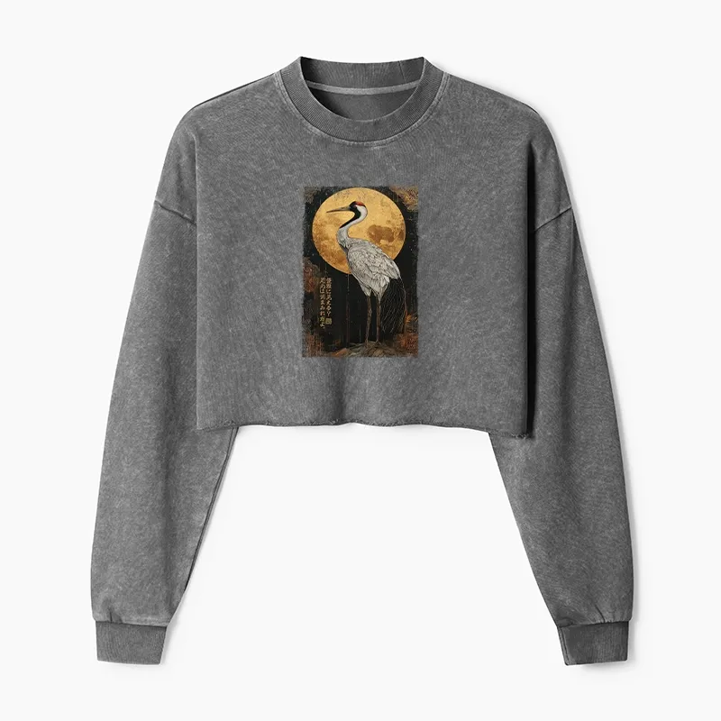 Tokyo-Tiger Vintage Japanese Crane Kanji Washed Crop Sweatshirt