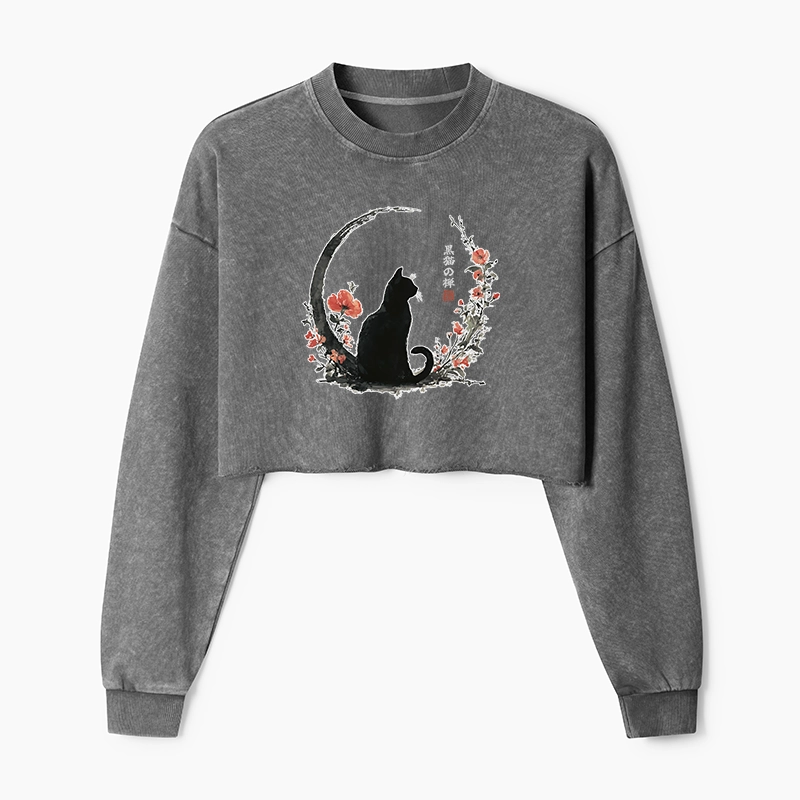 Tokyo-Tiger Black Cat And Flowers Washed Crop Sweatshirt