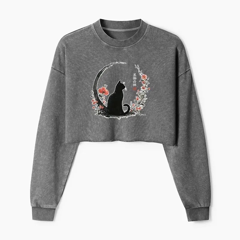 Tokyo-Tiger Black Cat And Flowers Washed Crop Sweatshirt