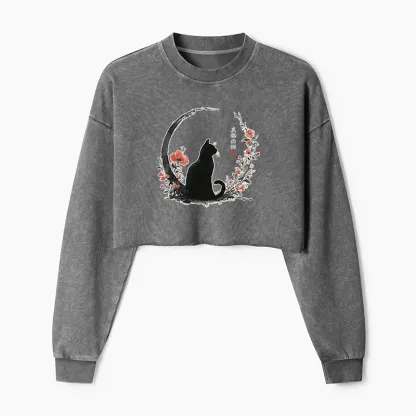 Tokyo-Tiger Black Cat And Flowers Washed Crop Sweatshirt