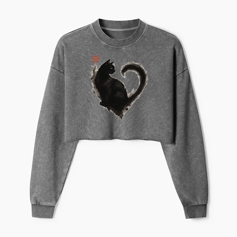 Tokyo-Tiger Funny Heart-Shaped Ink Cat Washed Crop Sweatshirt