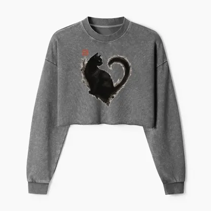 Tokyo-Tiger Funny Heart-Shaped Ink Cat Washed Crop Sweatshirt