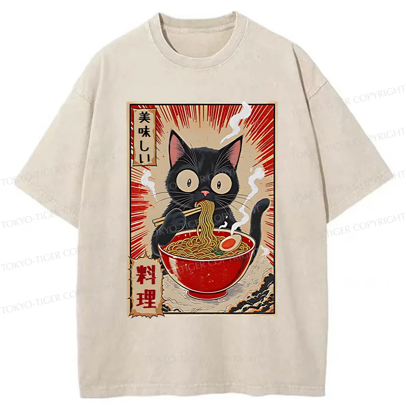 Tokyo-Tiger Black Cat Eating Ramen Comic Washed T-Shirt