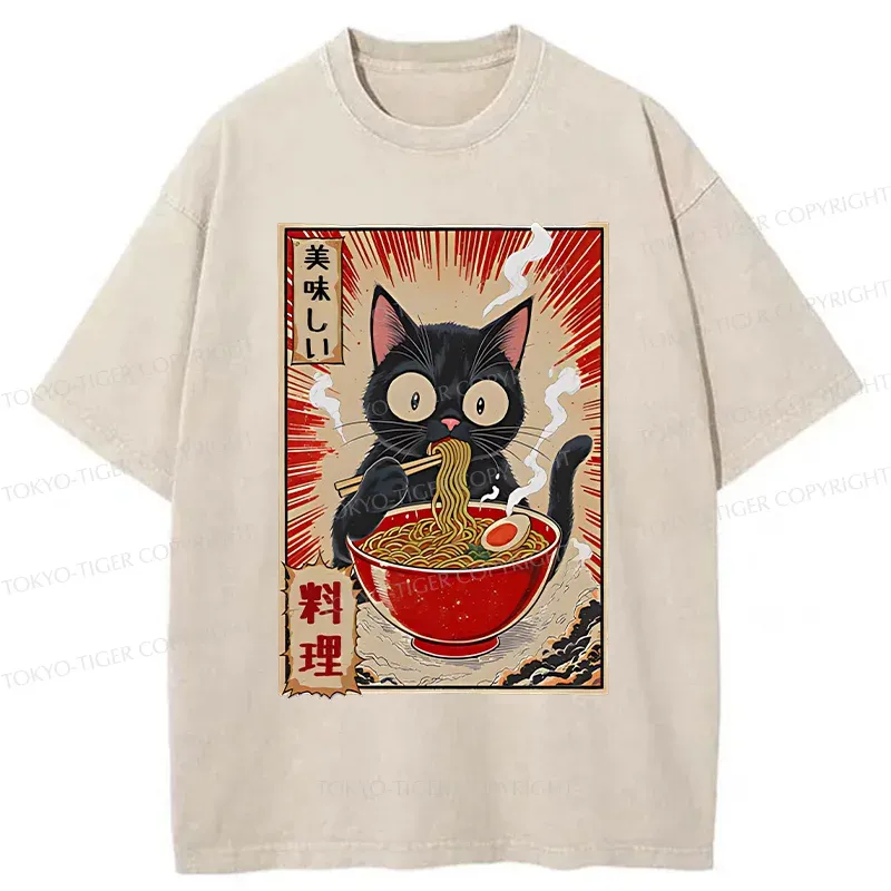 Tokyo-Tiger Black Cat Eating Ramen Comic Washed T-Shirt Sale