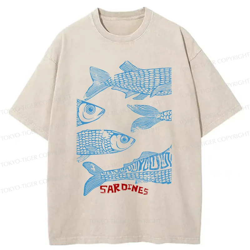 Tokyo-Tiger Sardine Woodcut Washed T-Shirt