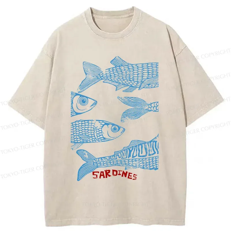 Tokyo-Tiger Sardine Woodcut Washed T-Shirt