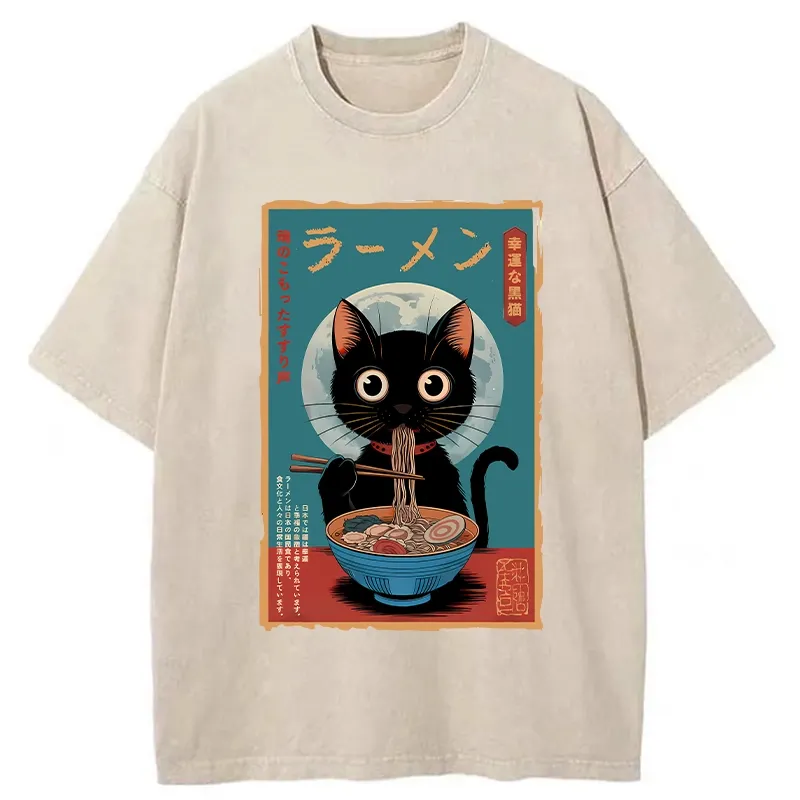 Tokyo-Tiger Ramen Fanatic Cat Washed T-Shirt