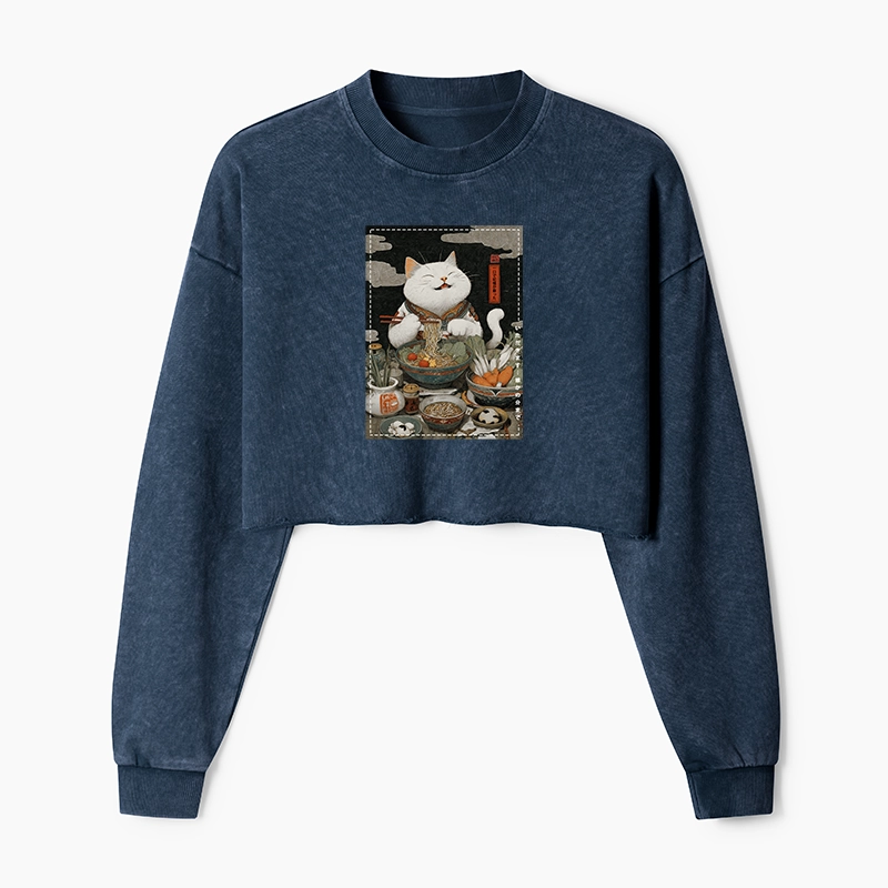 Tokyo-Tiger The Ramen-Loving Cat Washed Crop Sweatshirt