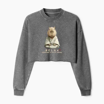 Tokyo-Tiger Zen Capybara：Relax, it's all chaos Washed Crop Sweatshirt