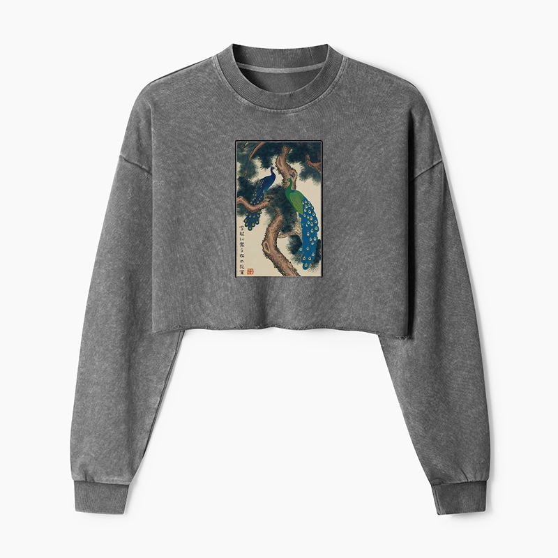 Tokyo-Tiger Peacocks in Snowy Pines Washed Crop Sweatshirt