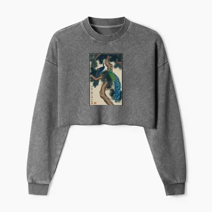 Tokyo-Tiger Peacocks in Snowy Pines Washed Crop Sweatshirt