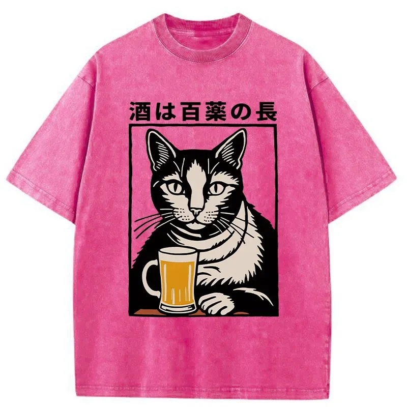 Tokyo-Tiger Cat And Beer Japanese Washed T-Shirt