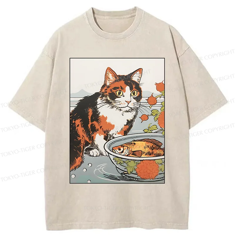 Tokyo-Tiger Cat Watching Koi Washed T-Shirt