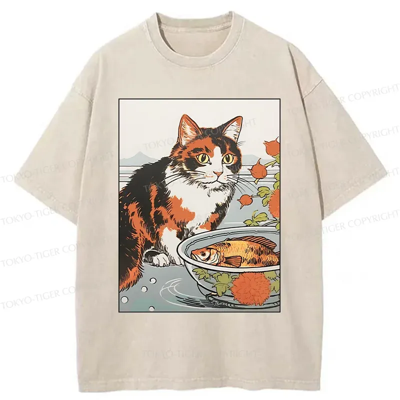 Tokyo-Tiger Cat Watching Koi Washed T-Shirt