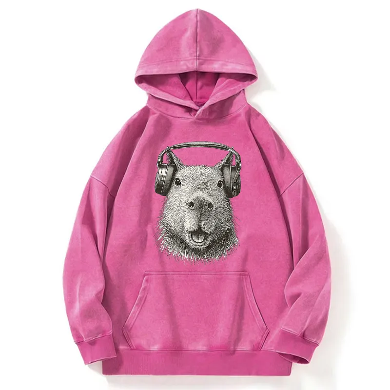 Tokyo-Tiger Capybara Listening To Music Washed Hoodie