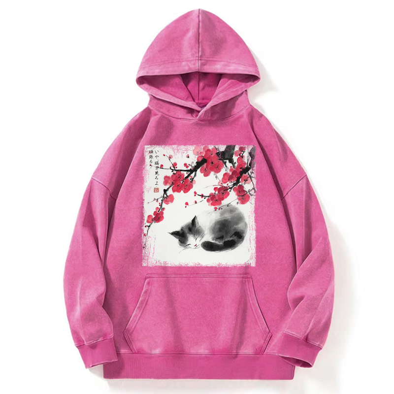 Tokyo-Tiger Ink Wash Painting: A Cat Lying Flat Under The Tree Washed Hoodie