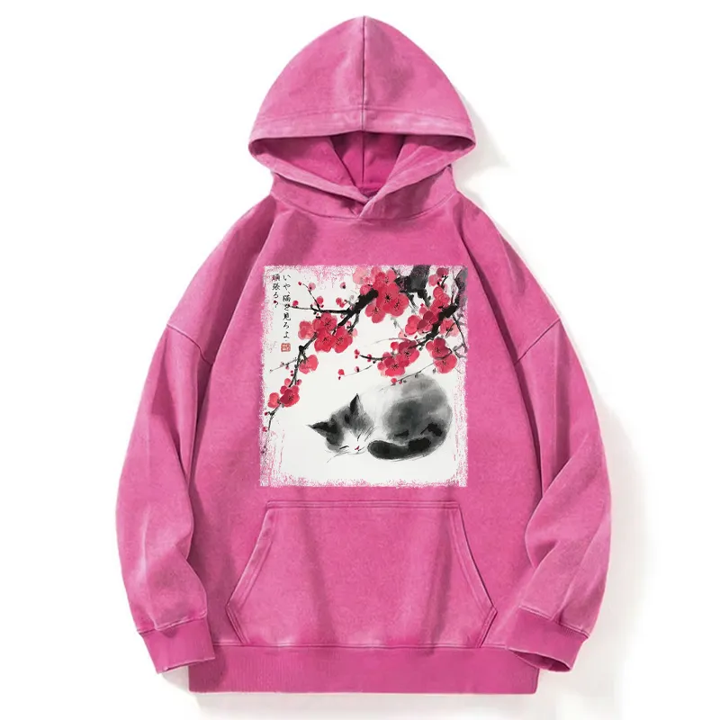 Tokyo-Tiger Ink Wash Painting: A Cat Lying Flat Under The Tree Washed Hoodie