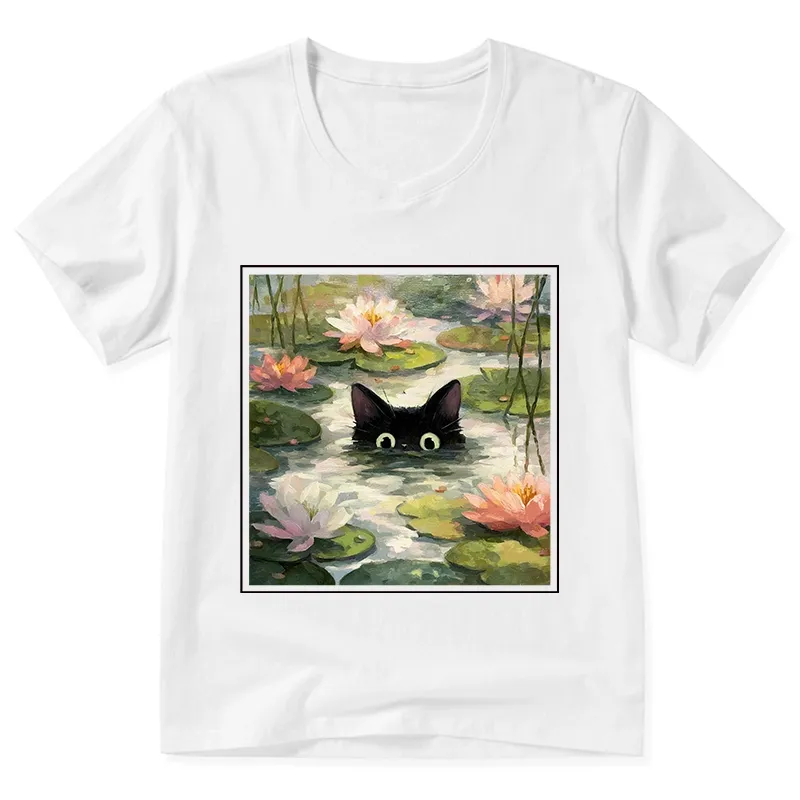 Tokyo-Tiger Black Cat and Lotus Flower V-Neck Classic T-Shirt
