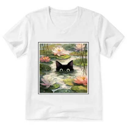 Tokyo-Tiger Black Cat and Lotus Flower V-Neck Classic T-Shirt