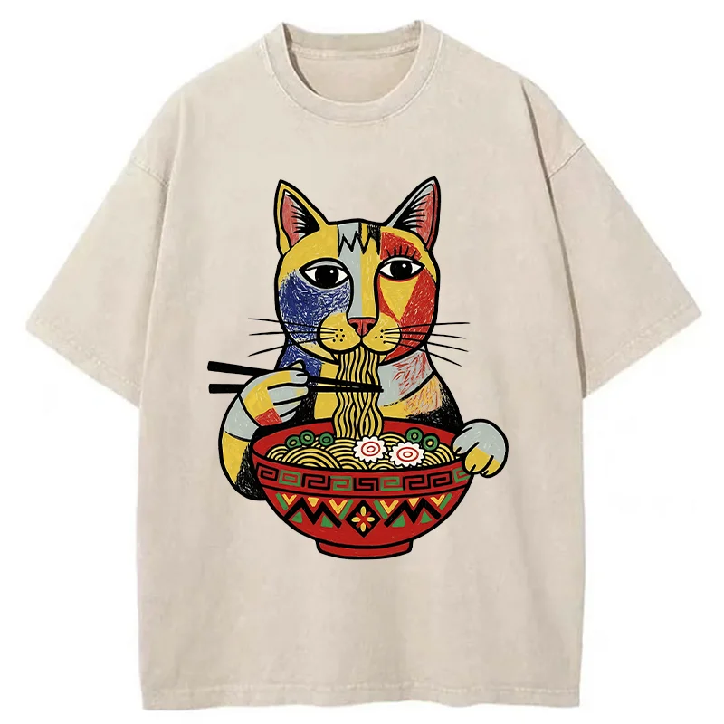 Tokyo-Tiger Abstract Cat Eating Ramen Washed T-Shirt