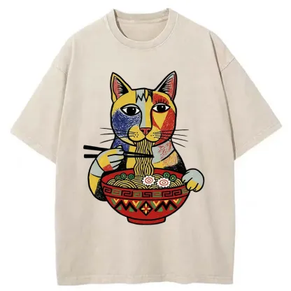 Tokyo-Tiger Abstract Cat Eating Ramen Washed T-Shirt