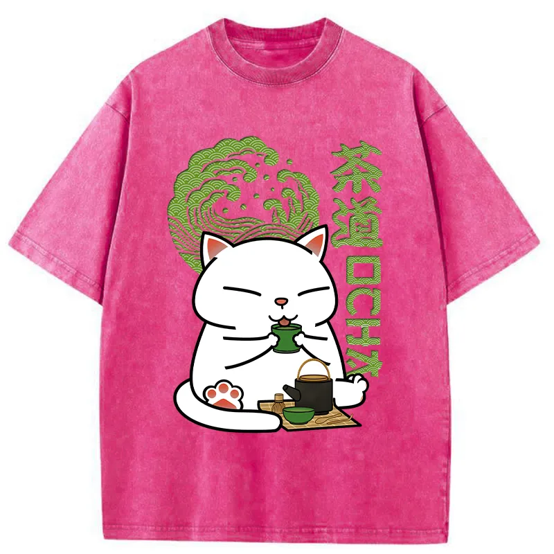 Tokyo-Tiger Cat Tasting Tea Washed T-Shirt
