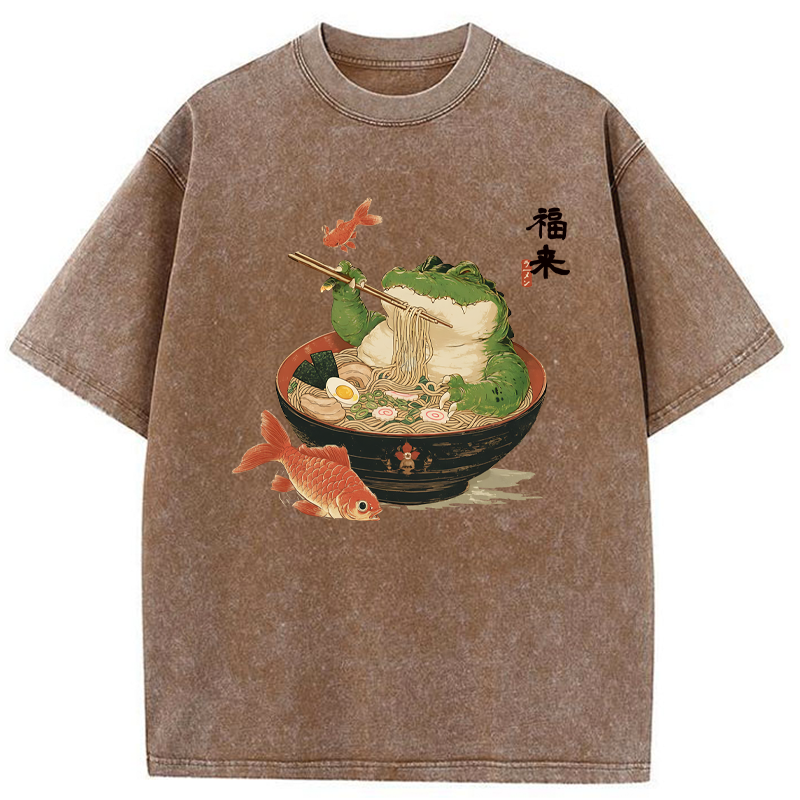 Tokyo-Tiger Fat Crocodile Eating Ramen Washed T-Shirt