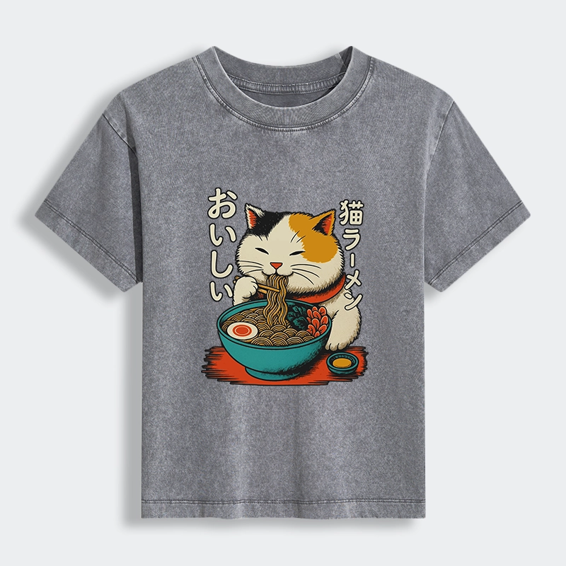 Tokyo-Tiger Cute Eat Eating Japanese Ramen Women's Washed T-shirt