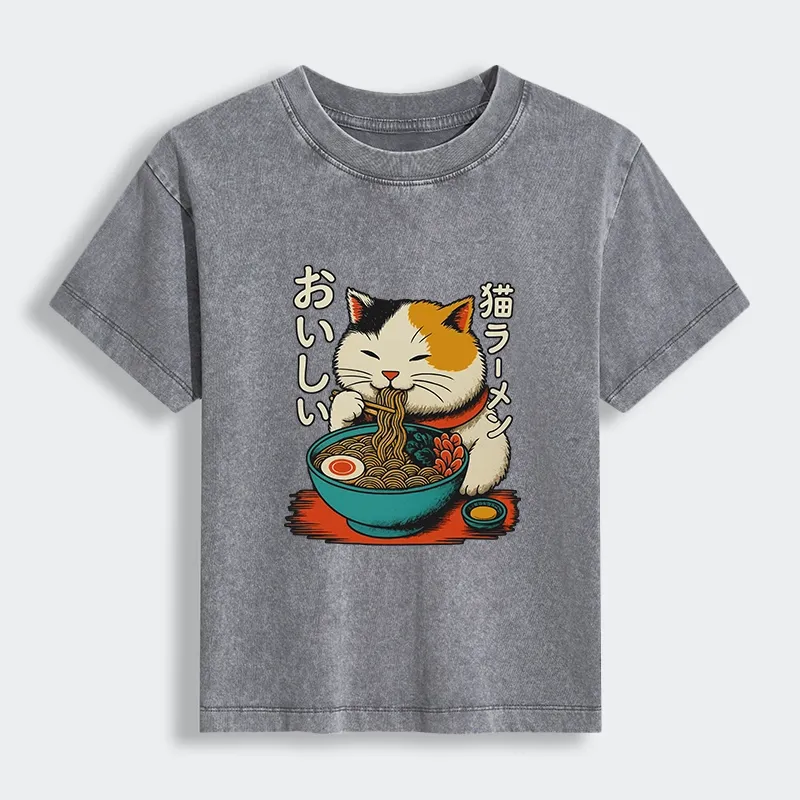 Tokyo-Tiger Cute Eat Eating Japanese Ramen Women's Washed T-shirt