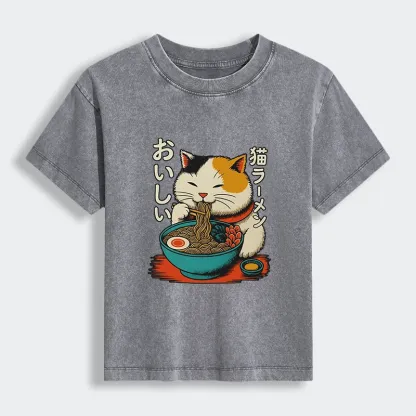 Tokyo-Tiger Cute Eat Eating Japanese Ramen Women's Washed T-shirt