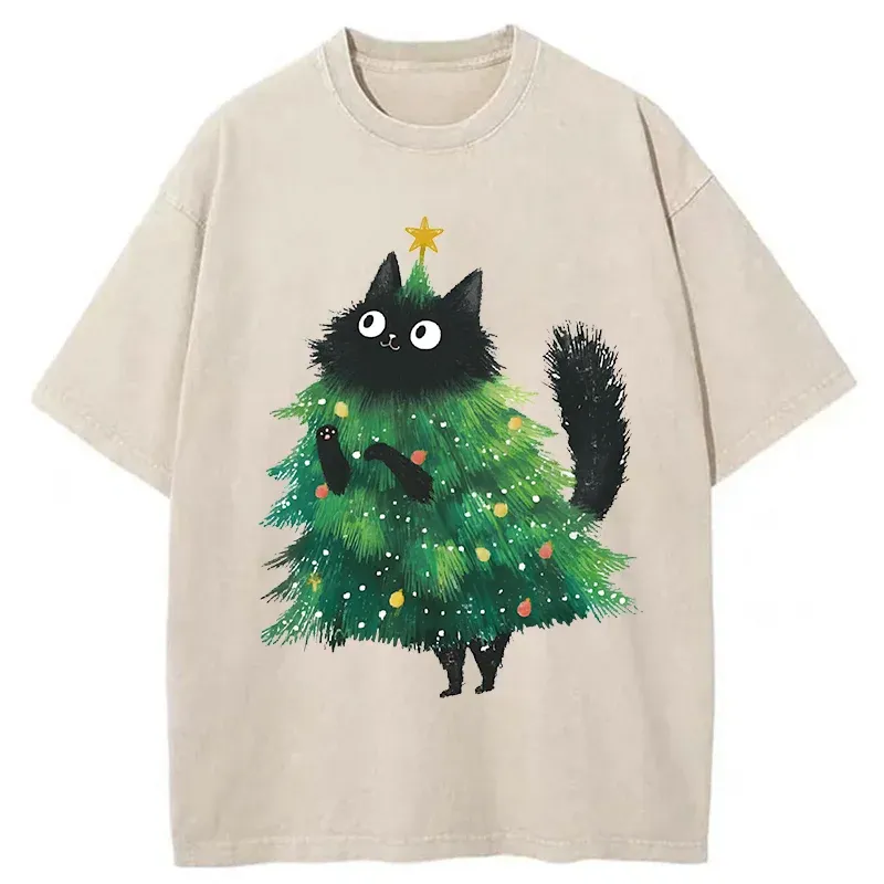 Tokyo-Tiger Christmas Tree Cat Washed T-Shirt