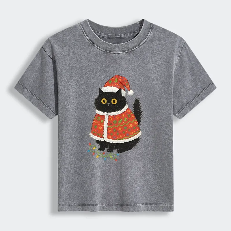 Tokyo-Tiger Cat Wearing Santa Hat Women's Washed T-shirt