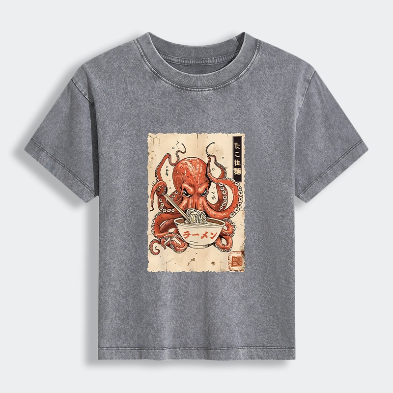 Tokyo-Tiger Retro Octopus Eating Ramen Women's Washed T-shirt