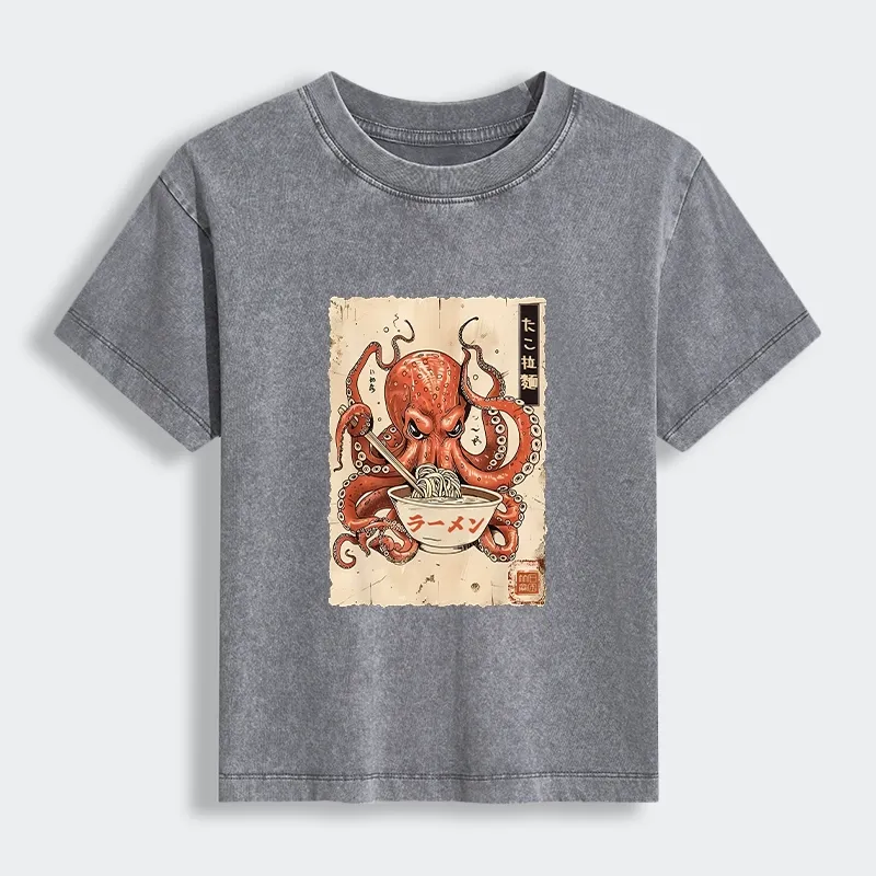 Tokyo-Tiger Retro Octopus Eating Ramen Women's Washed T-shirt