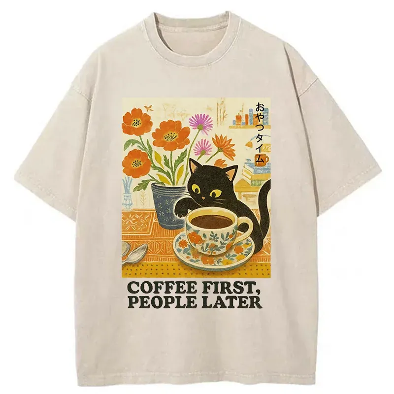 Tokyo-Tiger Kitten Drinks Coffee First Washed T-Shirt