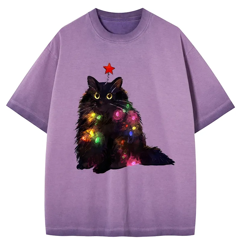 Tokyo-Tiger Christmas Lights Cat Gradient Washed T-Shirt