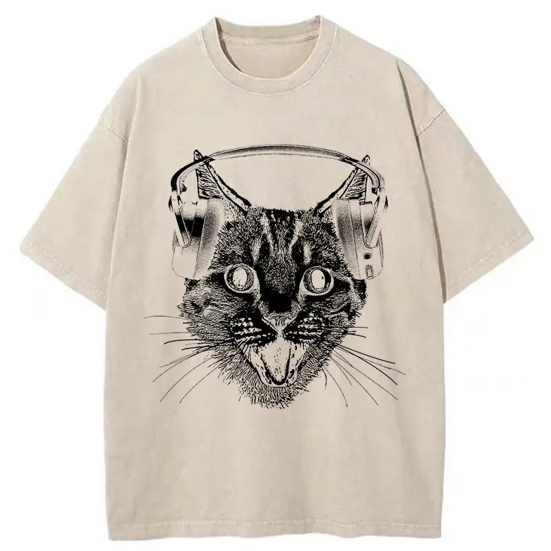 Tokyo-Tiger Cat With Headphones Washed T-Shirt