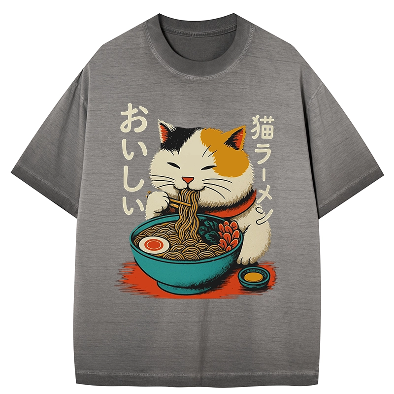 Tokyo-Tiger Cute Eat Eating Japanese Ramen Gradient Washed T-Shirt