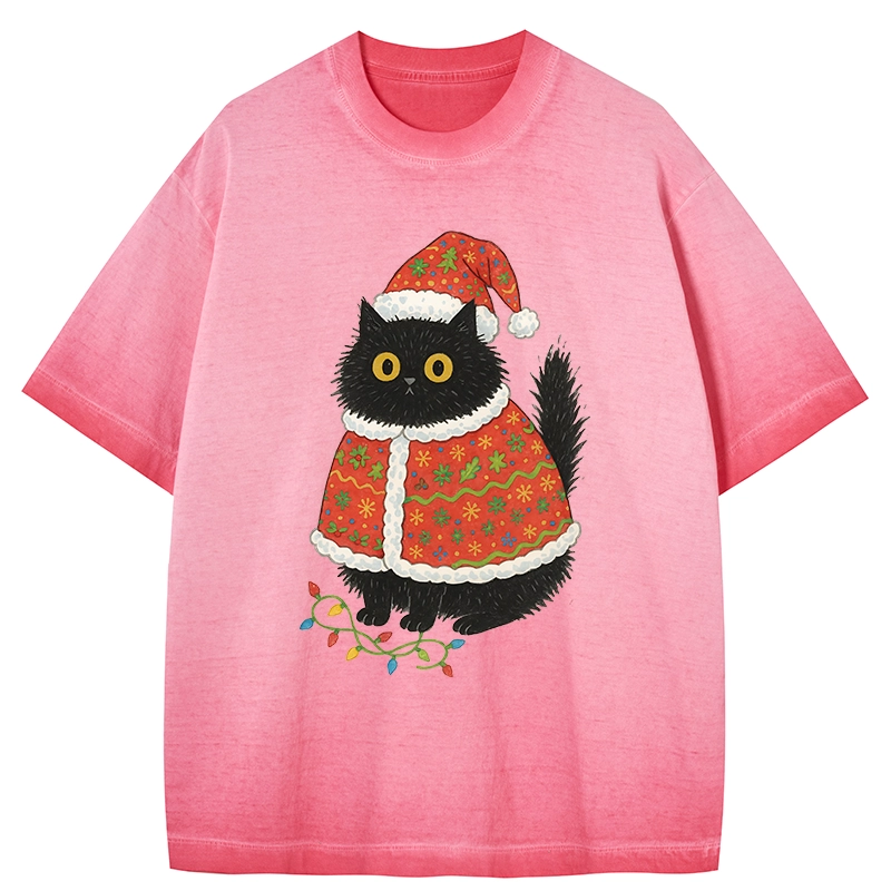 Tokyo-Tiger Cat Wearing Santa Hat Gradient Washed T-Shirt