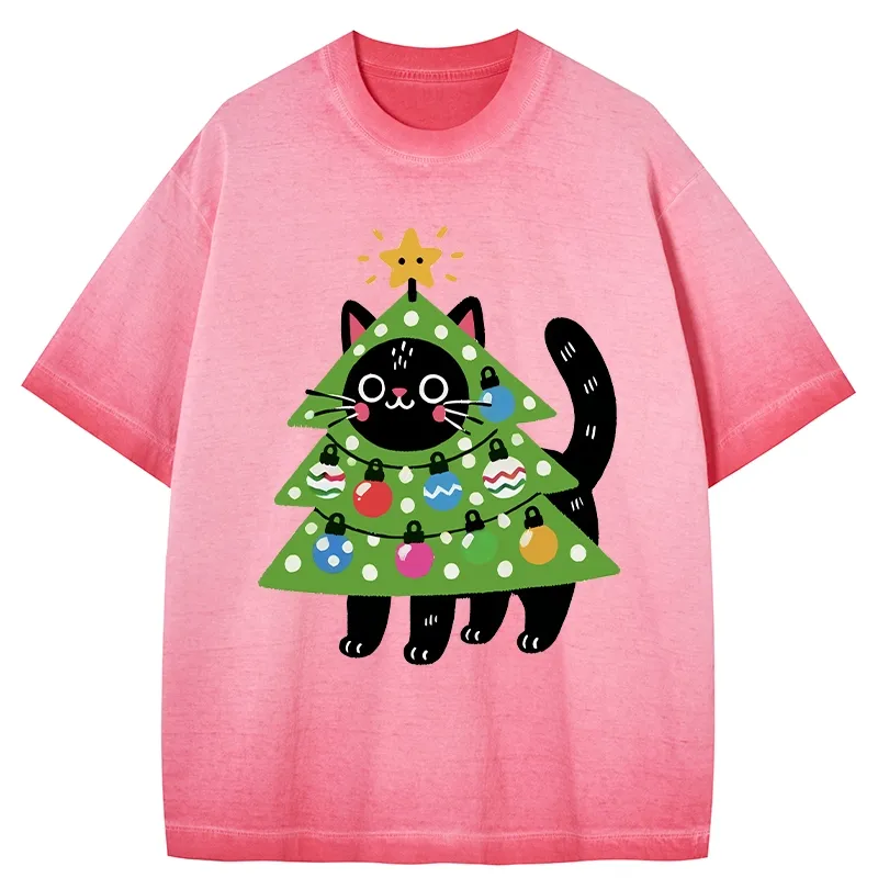 Tokyo-Tiger Christmas Tree Cat Gradient Washed T-Shirt