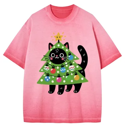 Tokyo-Tiger Christmas Tree Cat Gradient Washed T-Shirt