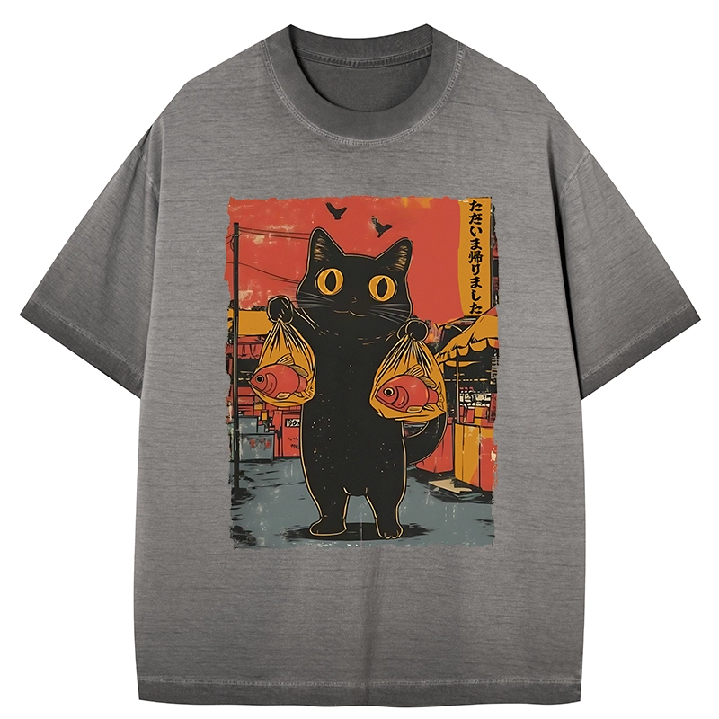 Tokyo-Tiger Cat Fishing Japanese Gradient Washed T-Shirt