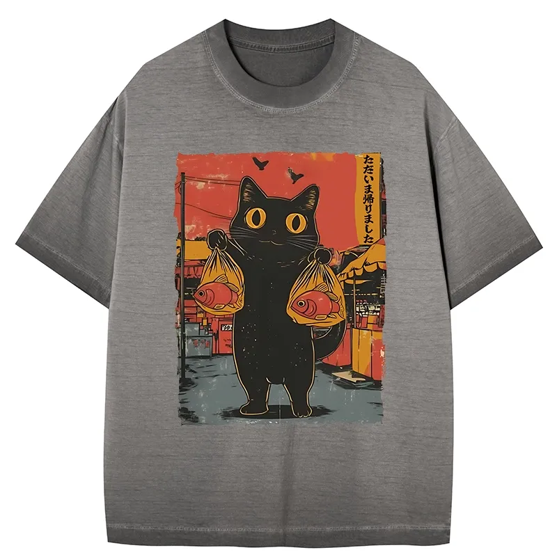 Tokyo-Tiger Cat Fishing Japanese Gradient Washed T-Shirt