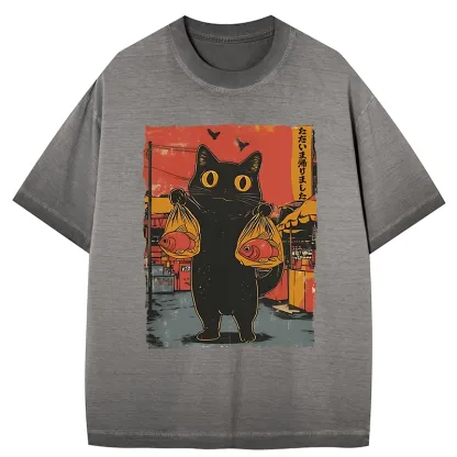 Tokyo-Tiger Cat Fishing Japanese Gradient Washed T-Shirt