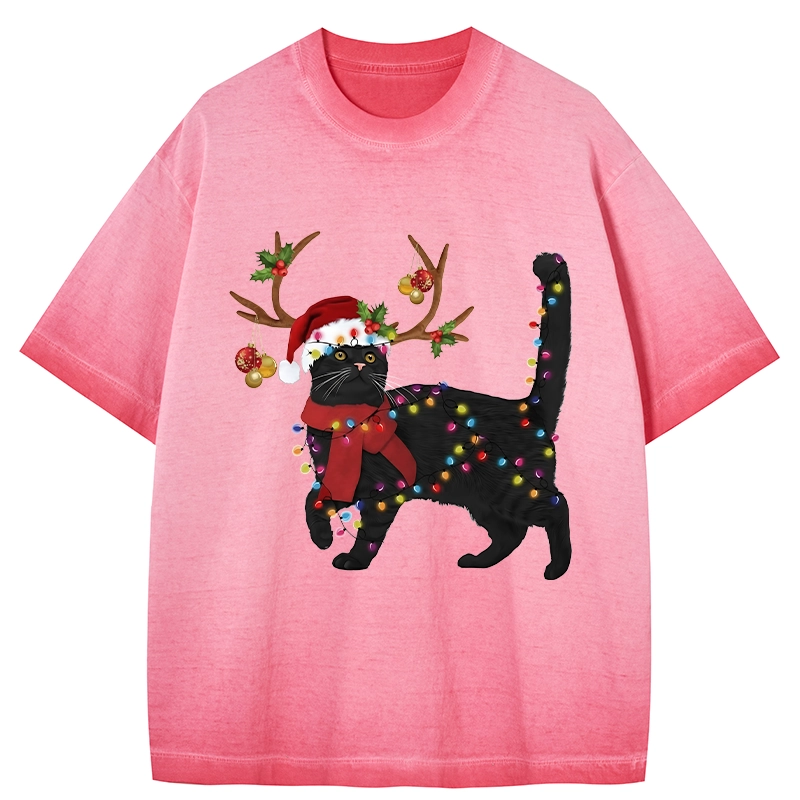 Tokyo-Tiger Christmas Black Cat Gradient Washed T-Shirt