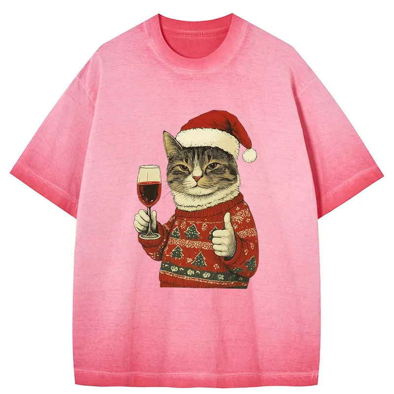 Tokyo-Tiger Christmas Cat Likes Gradient Washed T-Shirt
